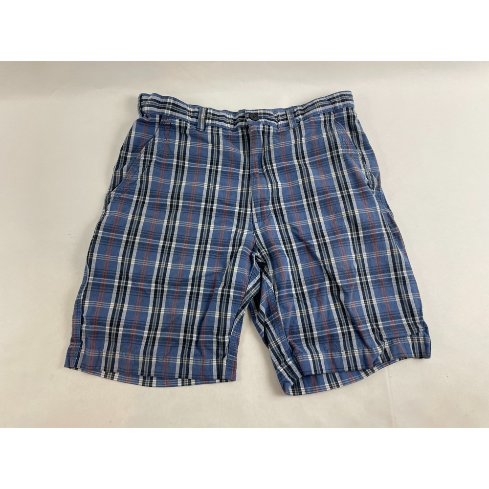 Savane Shorts Men's Size 32 Blue Plaid Flat Front High Rise Pockets Bermuda